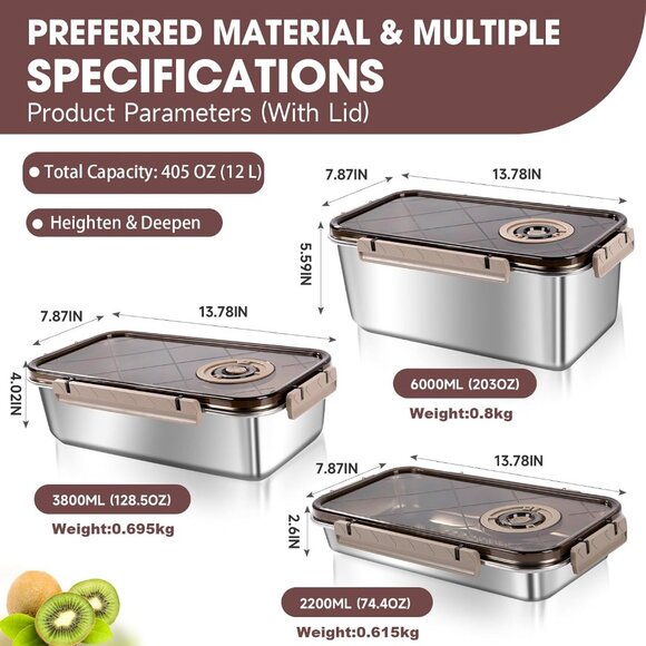 Set of two stainless steel food containers with airtight plastic lids - Picture 3 of 8